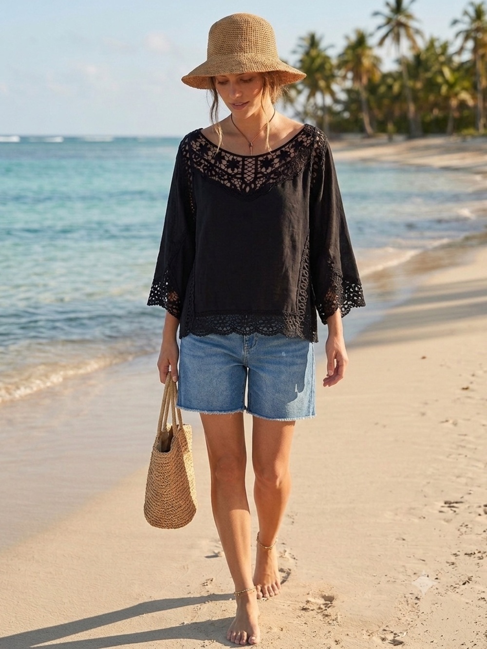XCVI Black Crochet Lace Top
